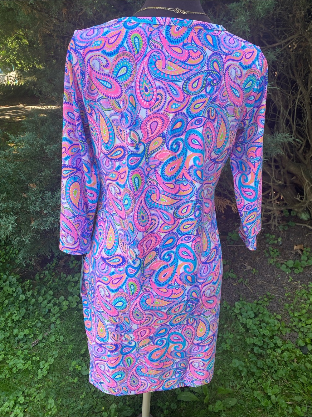 Lulu B stretch dress rounded collar vibrant paisley resort wrinkle free SPF - Picture 16 of 17